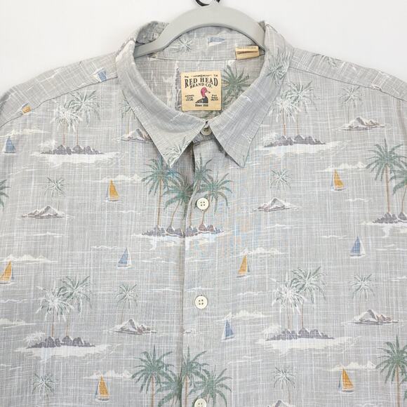 Redhead Button Down Shirt Tropical Sailboat Men 2XL Gray Cotton Short Sleeve - Picture 11 of 11